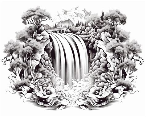 Premium AI Image | a black and white drawing of a waterfall with trees ...