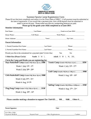 Fillable Online Summer Sports Camp Registration Form Please fill out ...