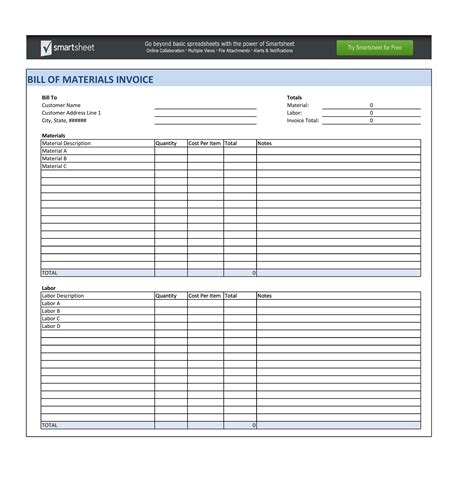 Build Of Materials Excel Template