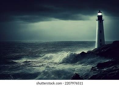 Storm Sea Waves Hitting Shore Lighthouse Stock Illustration 2227289117 ...