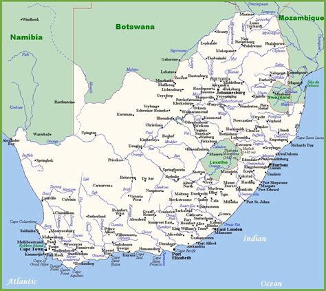 Map of South Africa with cities and towns