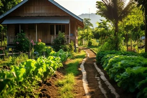 Wooden house in village with plants and flowers in backyard garden ...