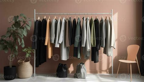 Fashionable clothing collection hanging on modern coathangers in ...