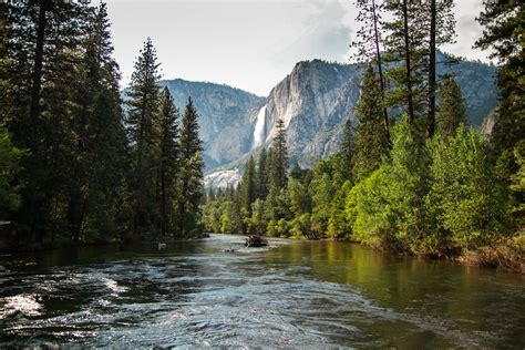 View of Yosemite Falls from the bridge above Merced River in Yosemite ...