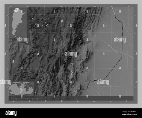 Salta, province of Argentina. Grayscale elevation map with lakes and ...