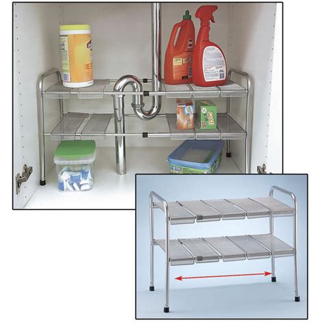 2 Tier Expandable Adjustable Under Sink Shelf Storage Shelves Kitchen ...