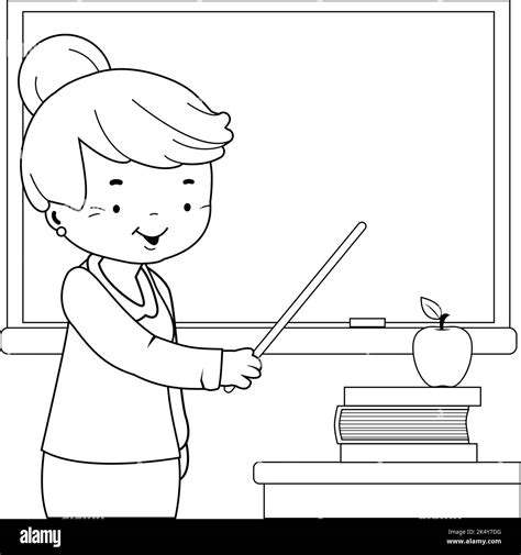 Senior teacher in the school classroom. Vector black and white coloring ...