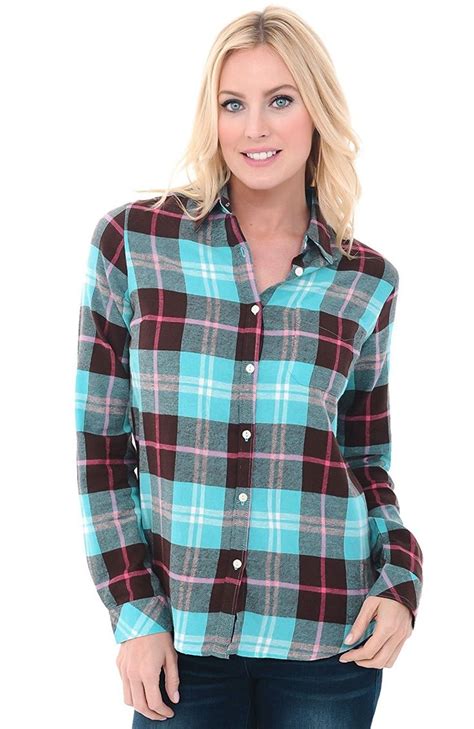 Womens Flannel Shirt- Button-Down Cotton Boyfriend Top - Teal and Brown ...