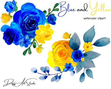 Watercolor Colorful Clipart Blue and Yellow Roses Flowers | Etsy