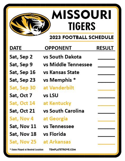 Printable 2023 Missouri Tigers Football Schedule