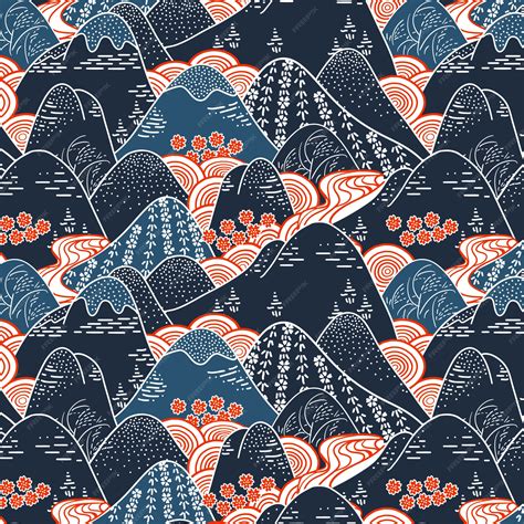 Premium Vector | Oriental mountains kimono fabric seamless pattern