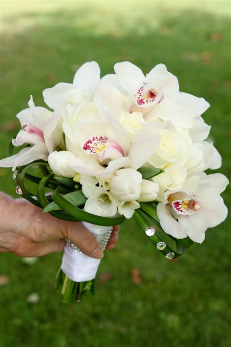 white bridal bouquet, white, orchids, tulips, freesia, lily grass ...