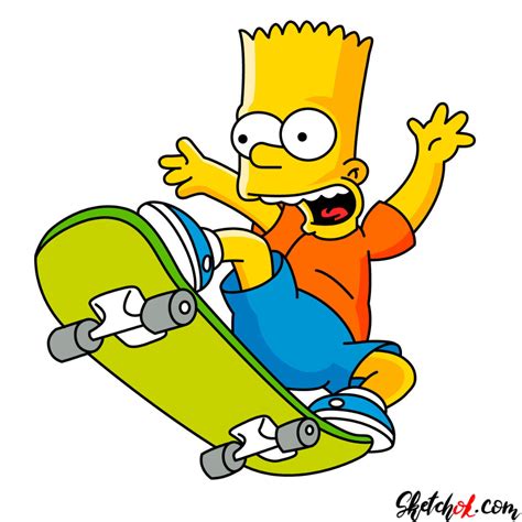 How to draw Bart Simpson on a skateboard - Step by step drawing ...