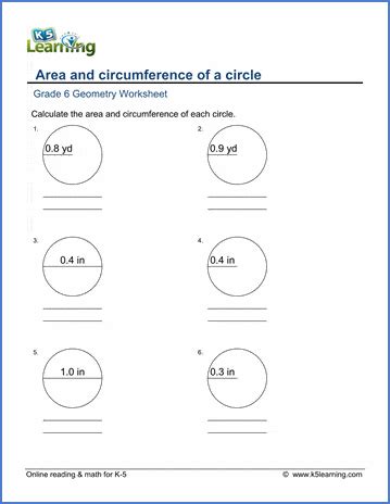 Grade 6 Geometry Worksheets: Area and circumference of a circle | K5 ...