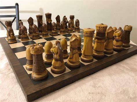 MEDIEVAL THEMED CHESS SET w/ PAINTED PLASTER FIGURES AND 17.5" WOODEN ...