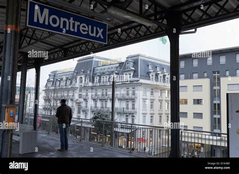 View from platform of Montreux train station, Switzerland with the ...