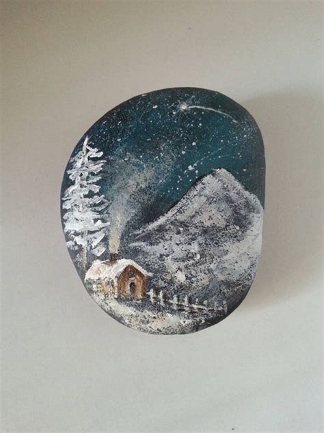 Mountain cabin original painting Hand-painted rock Winter | Etsy