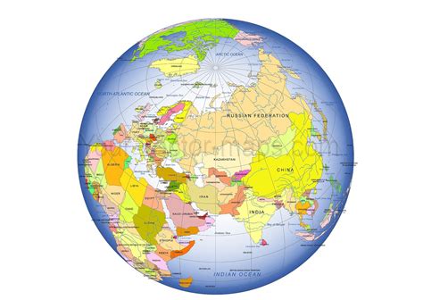 Colored Asia centered Globe map, country name, Ocean name | Globe ...