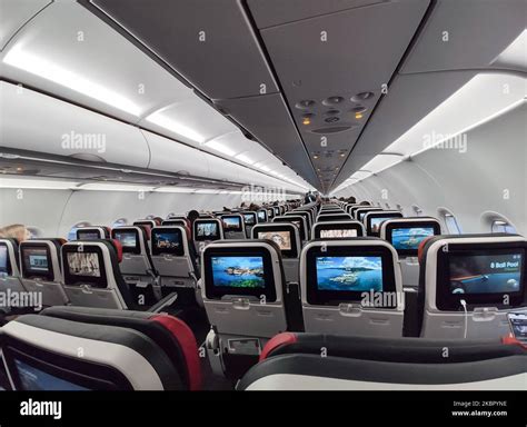 Interior of a cabin in Economy Class of an Airbus A321 NEO during a ...