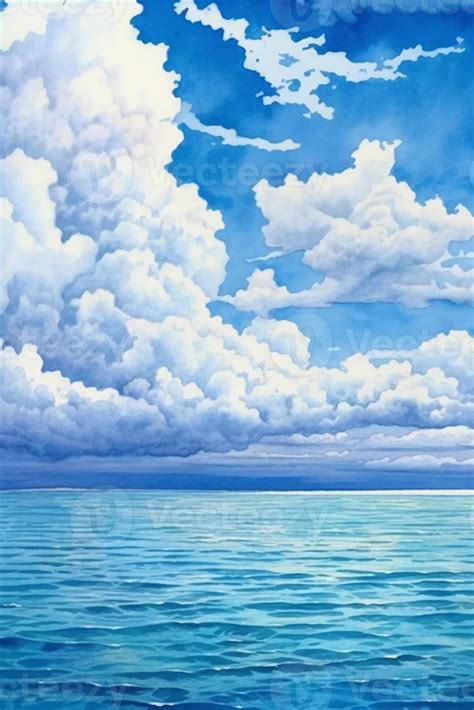 Blue sea, light blue sky and white clouds, Watercolor painting. AI ...