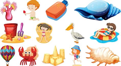 Set of summer beach objects and cartoon characters 4720416 Vector Art ...