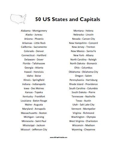 50 States and Capitals List – Free Printable