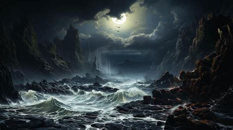 Premium AI Image | There is a painting of a dark ocean with a ship in ...