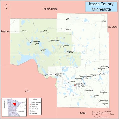 Map of Itasca County, Minnesota showing cities, highways & important ...