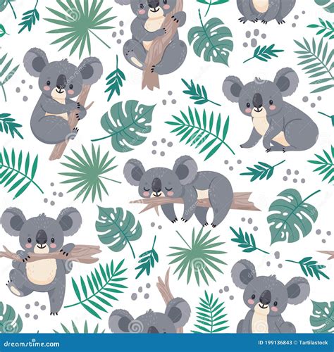 Seamless Pattern with Koalas. Cute Australian Bears and Tropical Leaves ...