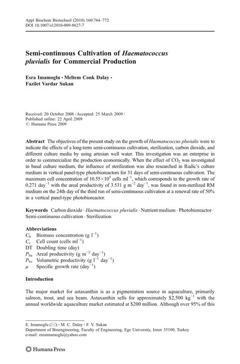 (PDF) Semi-continuous Cultivation of Haematococcus pluvialis for ...