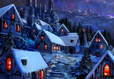 720P free download | Winter village, art, snow, dark, houses, village ...