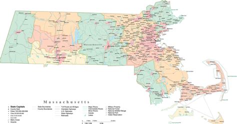 State Map of Massachusetts in Adobe Illustrator vector format. Detailed ...