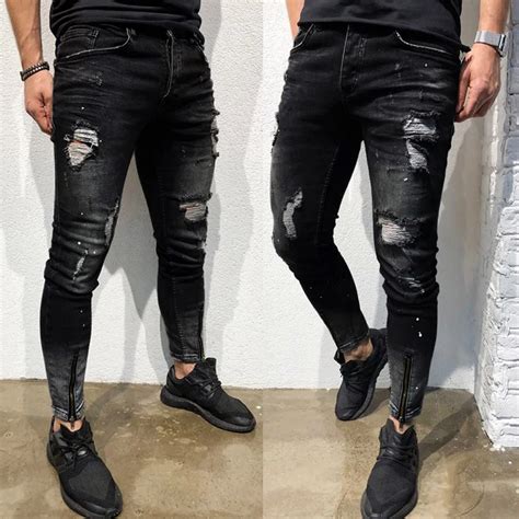 Mens Skinny Jeans Fashion Stretch Denim Pants Distressed Ripped Freyed ...