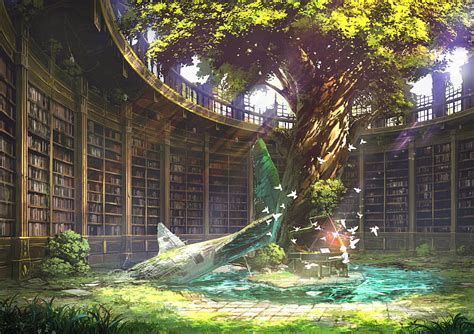 Old Library, fantasy, tree, library, anime, nature, orginal, old, HD ...