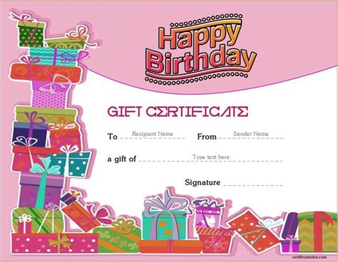 a birthday certificate with presents on it