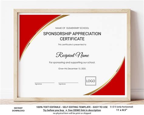 Appreciation Certificate Template School Sponsorship - Etsy ...