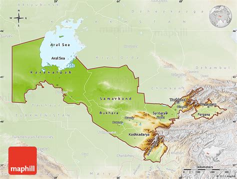 Physical Map of Uzbekistan, lighten, land only