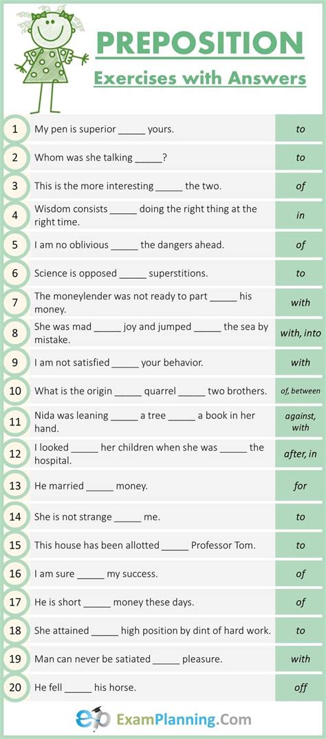 Mixed Preposition Exercises with Answers | English grammar exercises ...