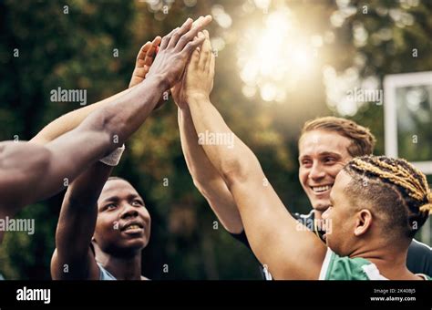 High five, basketball and teamwork success hands, motivation and target ...