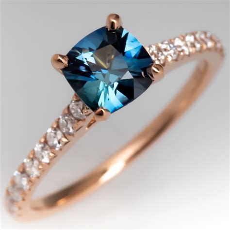 Cushion Cut Bright Teal Sapphire & Diamond Engagement Ring 14K Rose Gold