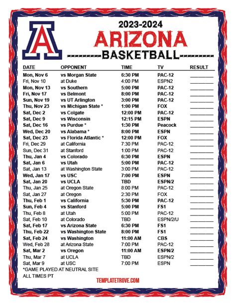 Printable 2023-2024 Arizona Wildcats Basketball Schedule