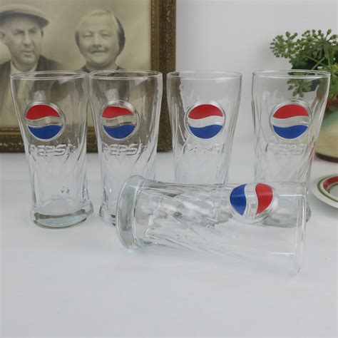 Vintage Pepsi Cola drink glass, five Pepsi glasses narrow red blue ...