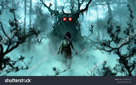 Terrible Forest Monster Guardian Little Girl Stock Illustration ...