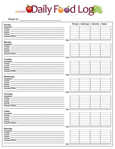 Printable Charts & Logs: Food log 2 | Food journal printable, Food log ...