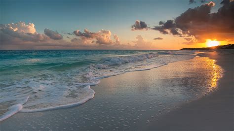 Ocean Waves Beach Sand Under White Clouds Blue Sky During Sunset HD ...