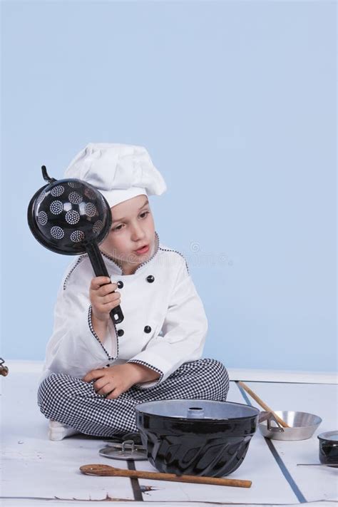 One Little Boy As Chef Cook Making Salad. Stock Image - Image of ...