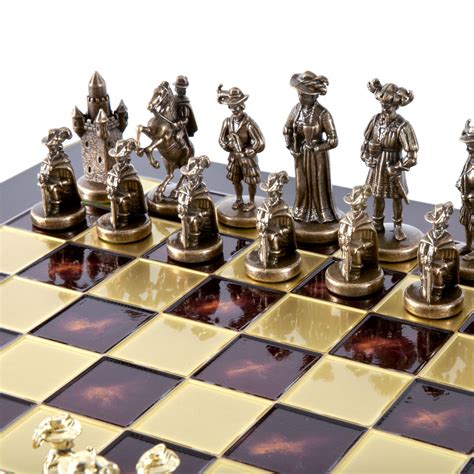 MEDIEVAL KNIGHTS CHESS SET with brown/gold chessmen and bronze chessbo ...