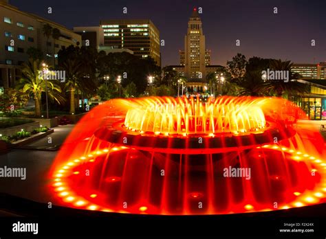 Los Angeles City Hall as seen from the Grand Park at night, Los Angeles ...