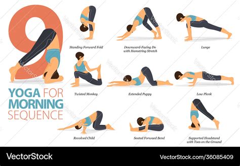 9 yoga poses for morning sequence concept Vector Image