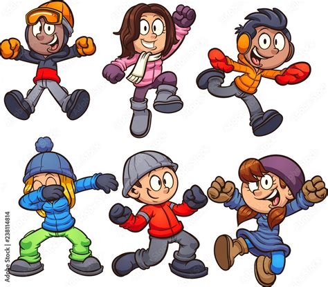 Cartoon kids in winter clothes. Vector clip art illustration with ...